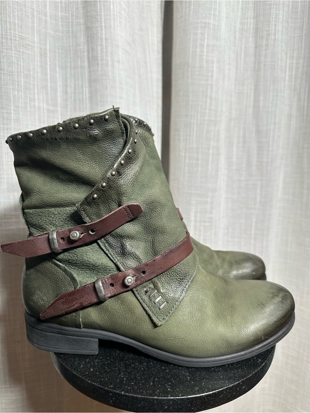 Miz Mooz  Green Leather Ankle Booties with Brown Strap Accents